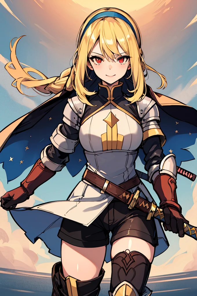 masterpiece, best quality, agrias, bare legs, standing, twirling, super speed, light swirls, time travel, super spin, cyclone spinning, wind swirls, (absurdres, 8k, 4k, masterpiece, hyper extreme detailed:1.2), solo, 1girl, portrait, best quality, expressive eyes, perfect face, 1girl, portrait, solo, Female, mature female, adult, perfect anatomy, cowboy shot, looking at viewer, 1girl, solo, blonde hair, blue eyes, graphic t-shirt, shorts, royal crown, fur cloak, brown hairband, hairband, long hair, standing, heroic, charismatic, leader, friendly, chunnibyou, delusional, believer, justice, black boots, white headband, king's crown, floating crown, royal, understanding, friendly, smiling, heroic, ripped clothing, gloves, armor, red eyes, gauntlets, grieves, stars, hopes, dreams, sword, detailed sword, golden sword, divine, radiance, bright sword, eyepatch,