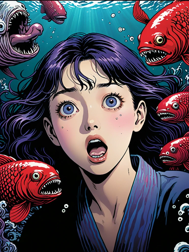 illust、art、from 80s horror movie, directed by Junji Ito、In the sea、A woman with a scared expression、Lots of strange looking deep sea fish、Lots of strange looking barnacles、Overaction、Overreaction、high detail, realsitic shadow、Analog style, vhs style, 8mm film, chromatic aberration, Dvd screengrab、Blue-purple and red-purple gradation、The woman&#39;s expression is clear
