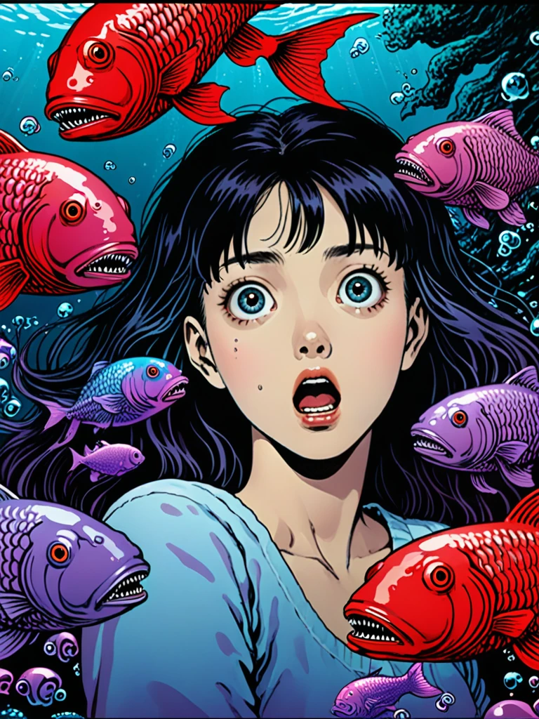 illust、art、from 80s horror movie, directed by Junji Ito、In the sea、A woman with a scared expression、Lots of strange looking deep sea fish、Lots of strange looking barnacles、Overaction、Overreaction、high detail, realsitic shadow、Analog style, vhs style, 8mm film, chromatic aberration, Dvd screengrab、Blue-purple and red-purple gradation、The woman's expression is clear