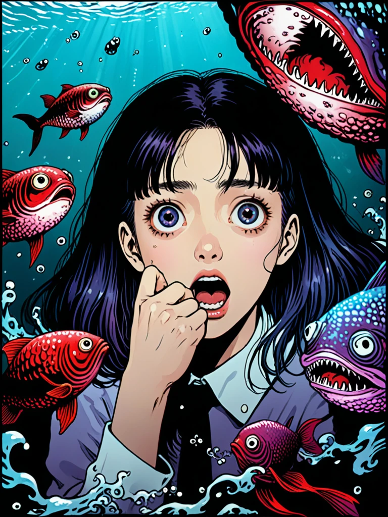 illust、art、from 80s horror movie, directed by Junji Ito、In the sea、A woman with a scared expression、Lots of strange looking deep sea fish、Lots of strange looking barnacles、Overaction、Overreaction、high detail, realsitic shadow、Analog style, vhs style, 8mm film, chromatic aberration, Dvd screengrab、Blue-purple and red-purple gradation、The woman's expression is clear