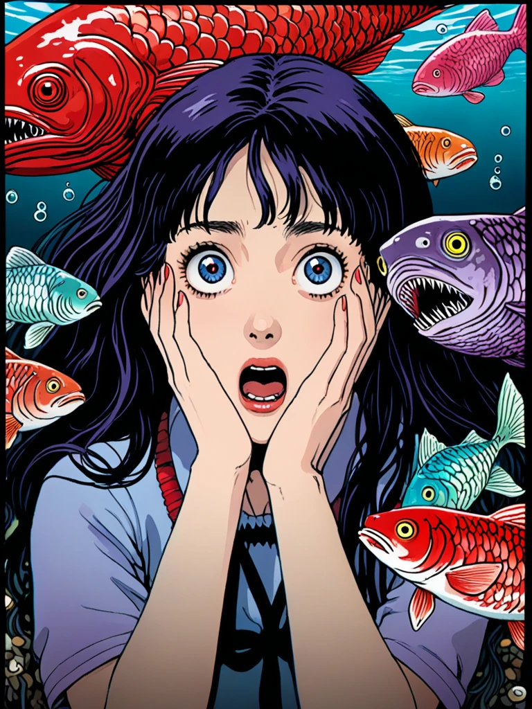 illust、art、from 80s horror movie, directed by Junji Ito、In the sea、A woman with a scared expression、Lots of strange looking deep sea fish、Lots of strange looking barnacles、Overaction、Overreaction、high detail, realsitic shadow、Analog style, vhs style, 8mm film, chromatic aberration, Dvd screengrab、Blue-purple and red-purple gradation、The woman&#39;s expression is clear