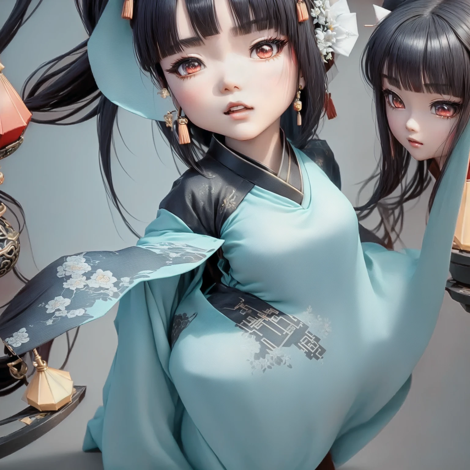 a close up of an ancient Chinese doll sitting on a fire-shaped table, holding a red oil-paper umbrella, hanfu girl, render of a cute 3d anime girl, anime styled 3d, cute 3 d render, 3 d render stylized, toon render key visual, girl silver hair, black hair and black eyes, 3 d render character art 8 k, stylized anime, stylized 3 d, high detail iconic character, Popmart Blind Box