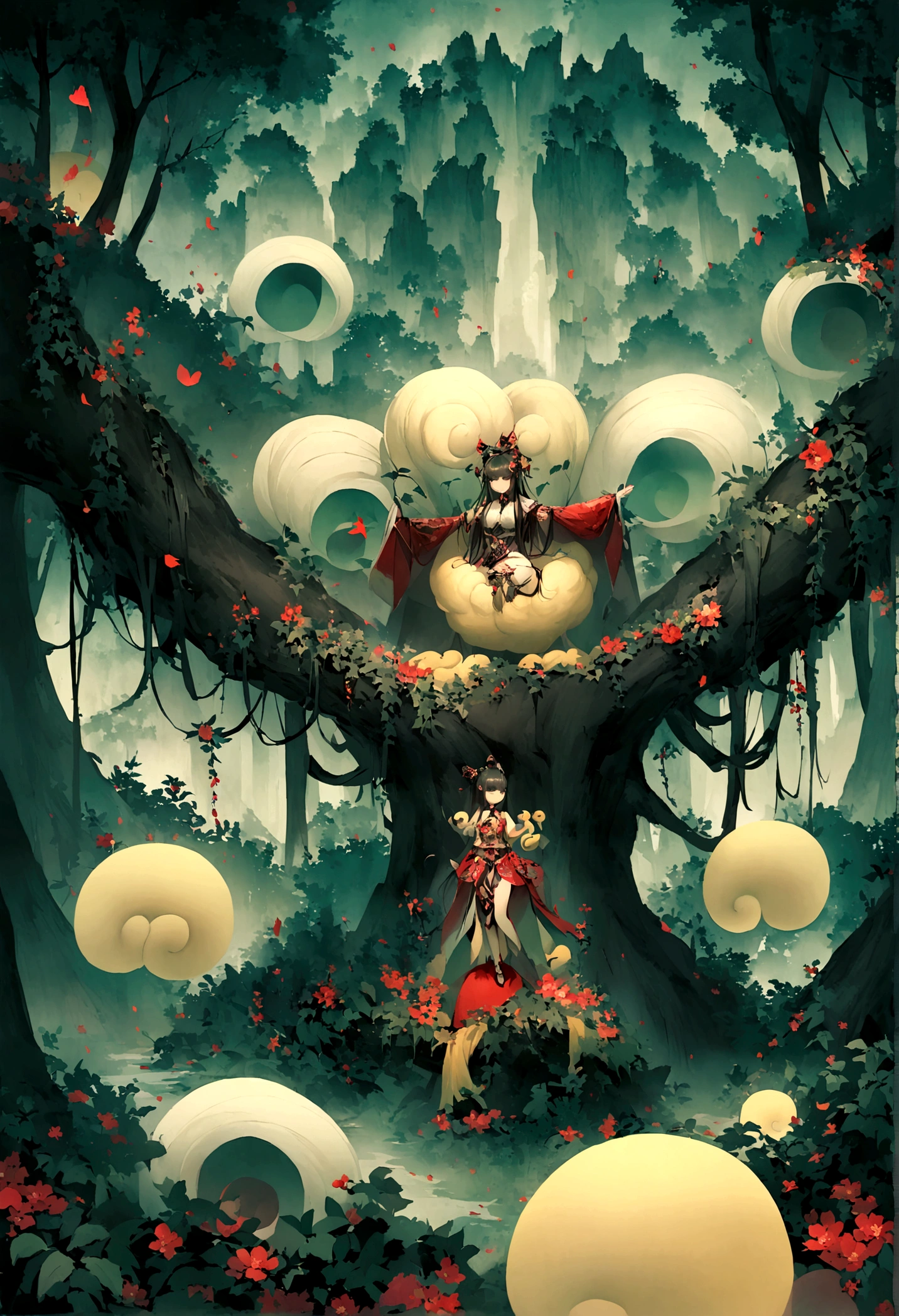 nimbus,Uninhabited primeval forest,Mysterious forest,Cave,(Luminescence),((Mysterious and dreamy scene)),Chinese style,Immortal World,Xianxia World