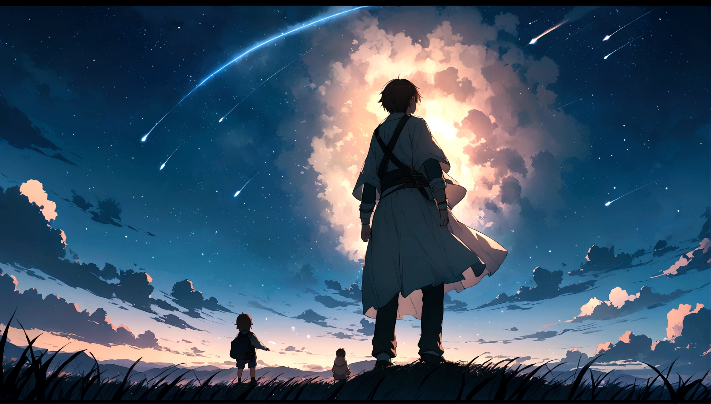 City of night、The sky is wonderful、meteor、3 year old little boy sitting on top of a building、Brown Hair、Back view、The city is bright with streetlights、Landscape Main、Highest quality、Anime Scenery、Xin Haichen、building、Field、Milky Way 110207, distant 3 year old little boy staring at
the performer,(Zoom out:1.1),(meteor:1.2)、(comet:1.1,yourname、Low Angle、From behind、Alola、shooting star、cherry blossoms、Standing in the Field、Highest quality、masterpiece、cloud、colorful、Starry Sky、performer、