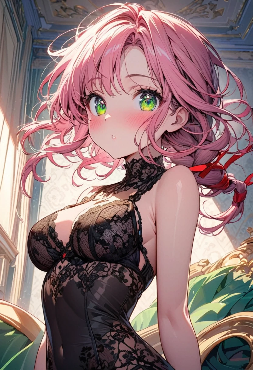 The image is of a beautiful woman wearing a tight fitting black lace . The woman has long flowing pink hair with strands of braided hair tied with red ribbon throughout. She has gorgeous green eyes that shine like emeralds. Her face is youthful and gorgeous. Her  are ample and seem too large for her tight fitting black lace . She is short in height but well developed -a short stack. She blushes as you look at her. She's standing in your bedroom and is excited to be with you. The image is ultra detailed with gorgeous colors, perfect line work, and detailed shading.