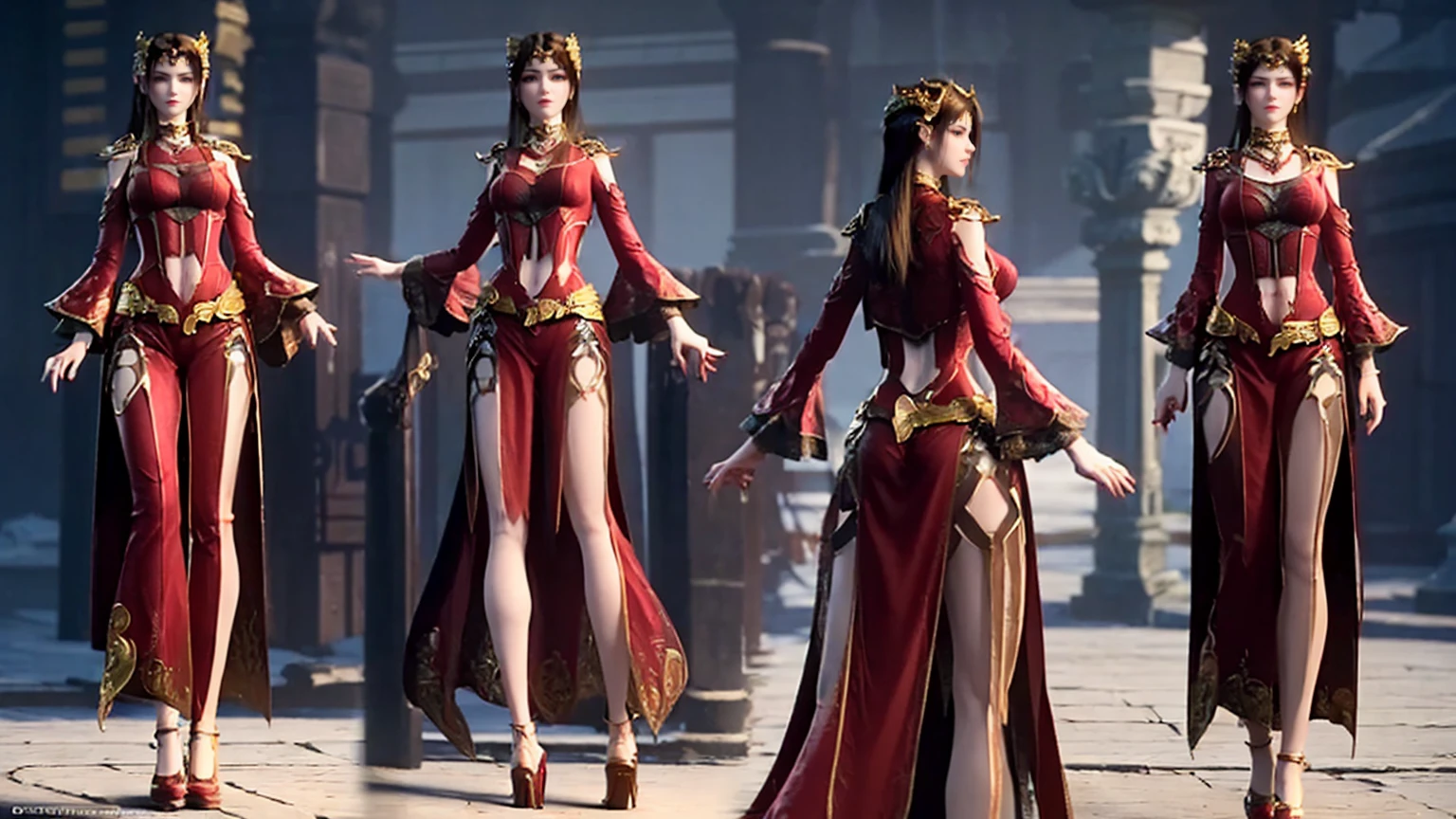 ((masterpiece, best quality)), Delicate face, Character Design Sheet,Whole body love, Rich in details, Multiple poses and expressions, Very detailed, depth, Many parts,beautiful girl,Light,发Light,Red and Gold,Phoenix decoration,gauze,Lace,Lace连裤袜,High heel