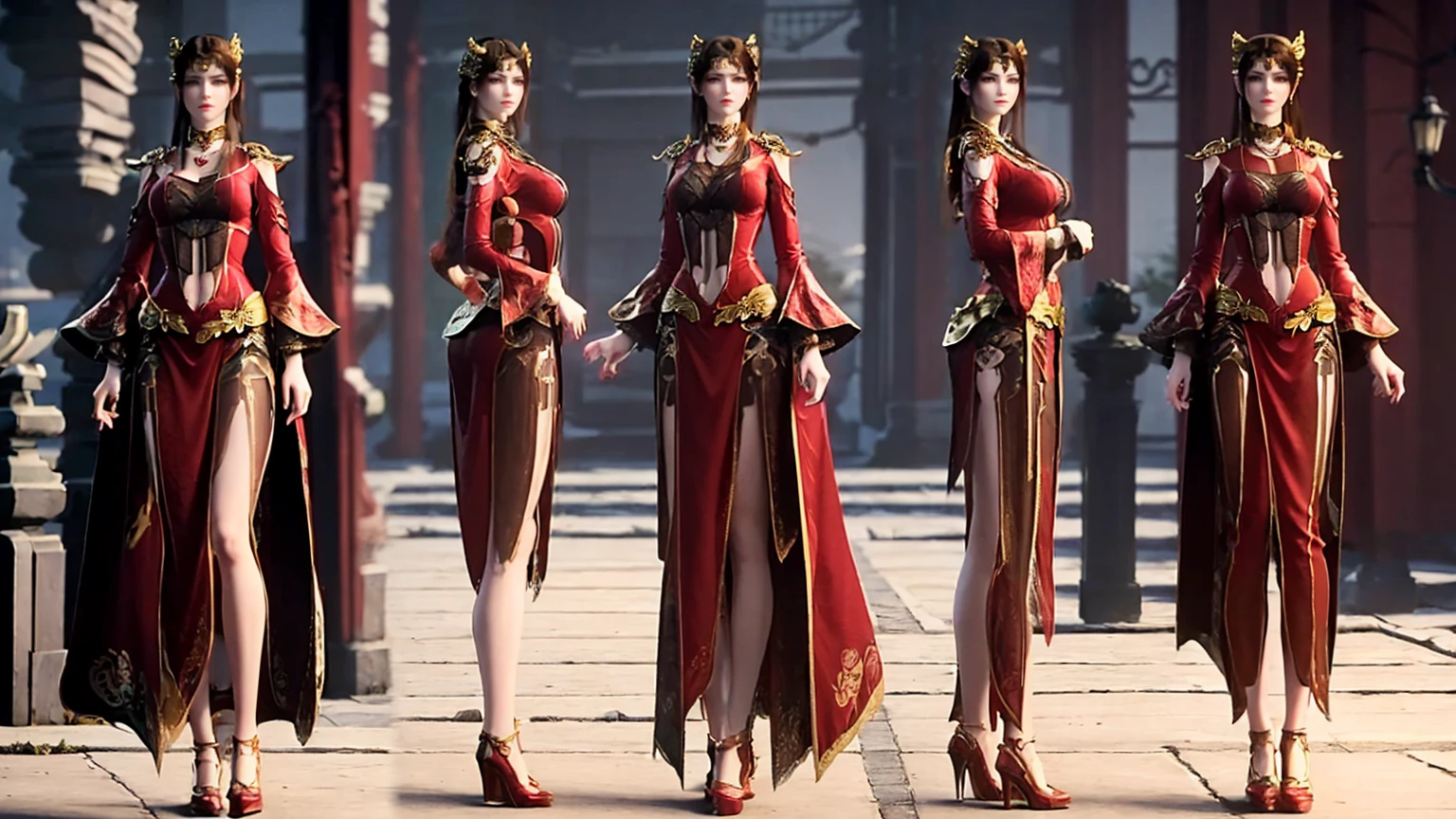 ((masterpiece, best quality)), Delicate face, Character Design Sheet,Whole body love, Rich in details, Multiple poses and expressions, Very detailed, depth, Many parts,beautiful girl,Light,发Light,Red and Gold,Phoenix decoration,gauze,Lace,Lace连裤袜,High heel