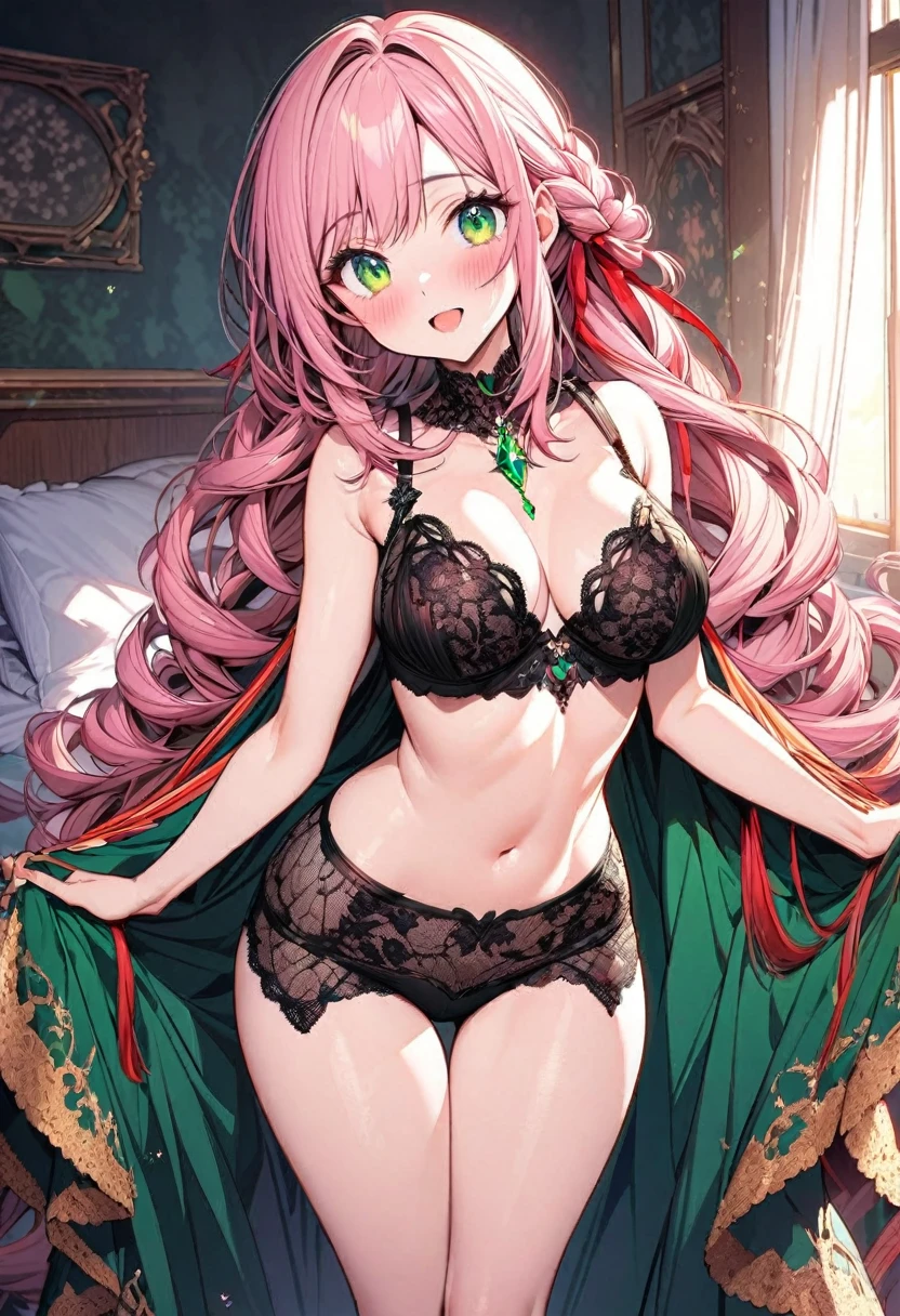 The image is of a beautiful woman wearing a tight fitting black lace . The woman has long flowing pink hair with strands of braided hair tied with red ribbon throughout. She has gorgeous green eyes that shine like emeralds. Her face is youthful and gorgeous. Her breasts are ample and seem too large for her tight fitting black lace . She is short in height but well developed -a short stack. She blushes as you look at her. She's standing in your bedroom and is excited to be with you. The image is ultra detailed with gorgeous colors, perfect line work, and detailed shading.