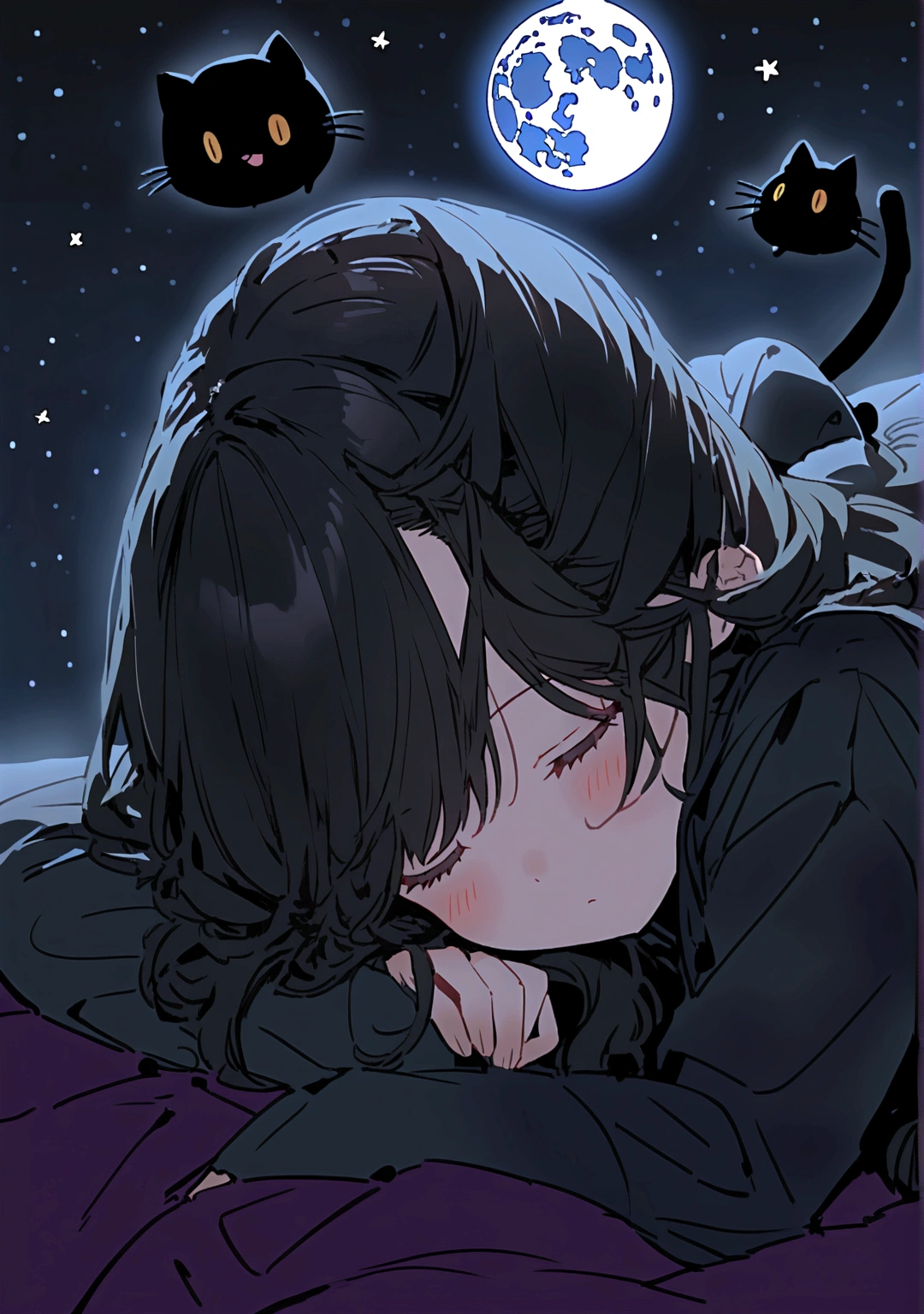 moon, Very cute black cat, night, Are sleeping