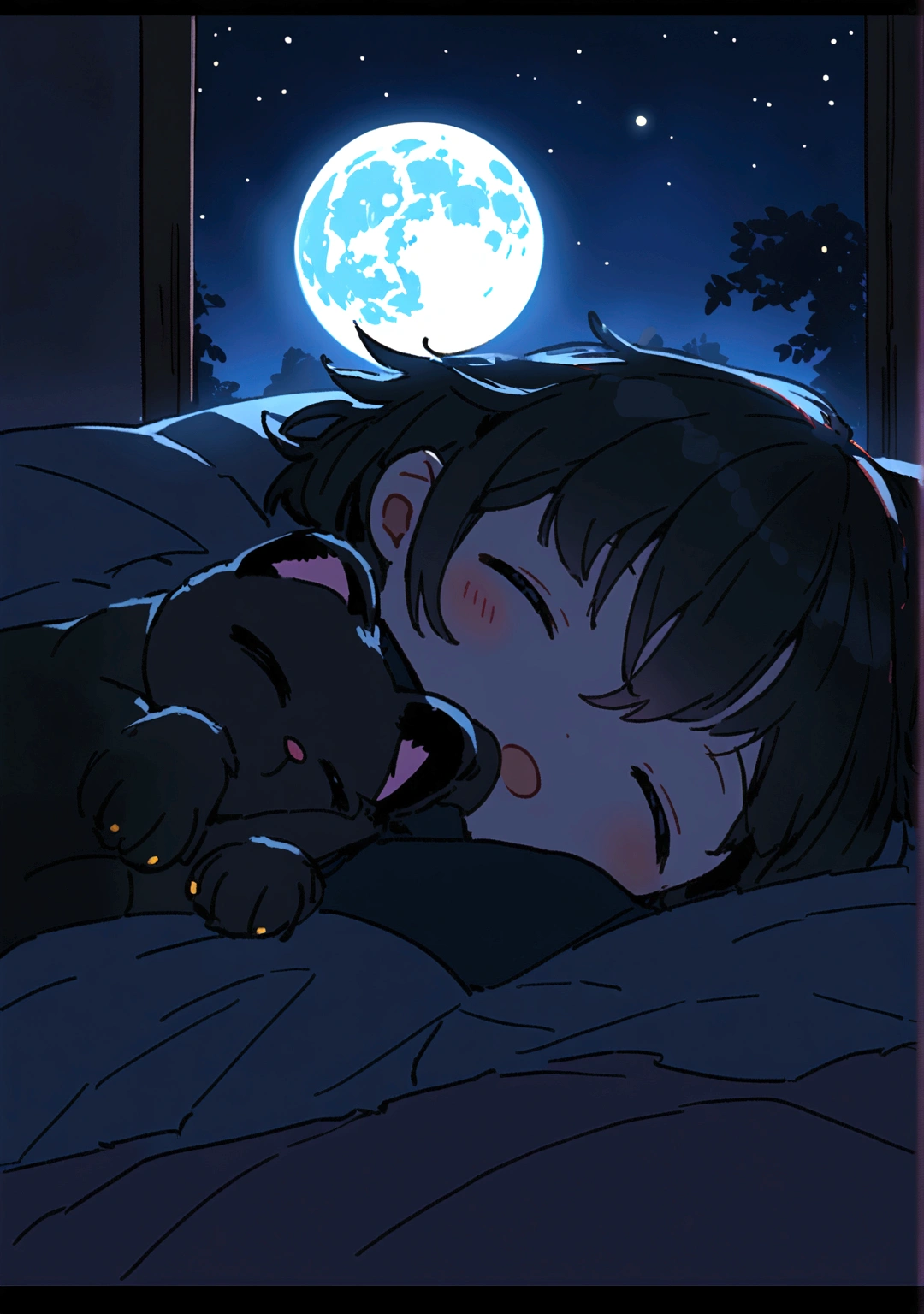 moon, Very cute black cat, night, Are sleeping