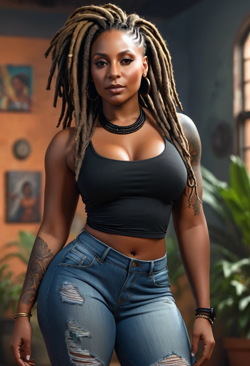 1girl, black female, mature female, dreads hair, dark skin, megan, megantheestallion, wide hips, detailed background, masterpiece, super detail, 4K