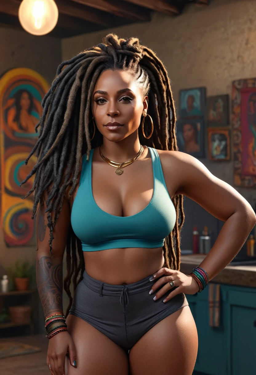 1girl, black female, mature female, dreads hair, dark skin, megan, megantheestallion, wide hips, detailed background, masterpiece, super detail, 4K