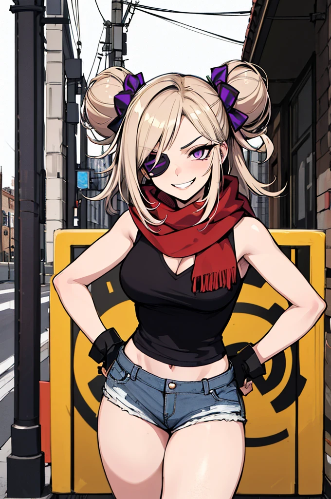 (absurdres, 8k, 4k, masterpiece, hyper extreme detailed:1.2), solo, 1girl, front view, perfect face, 1girl, portrait, looking at viewer, solo, standing, Female, toned body, mature female, medium breasts, pale, blonde hair, medium hair, sarcastic, delinquent, purple eyes, swept bangs, scars, casual wear, street wear, gross, messy, dirty, bloody, snarky, smirk, medium body, gyaru, crazy face, crazy smile, crazy eyes, hands on hips, shorts, wind, windy hair, moving hair, black ribbon, hair buns, adventurous, scarf, gloves, draping hair, eye patch, shirt,