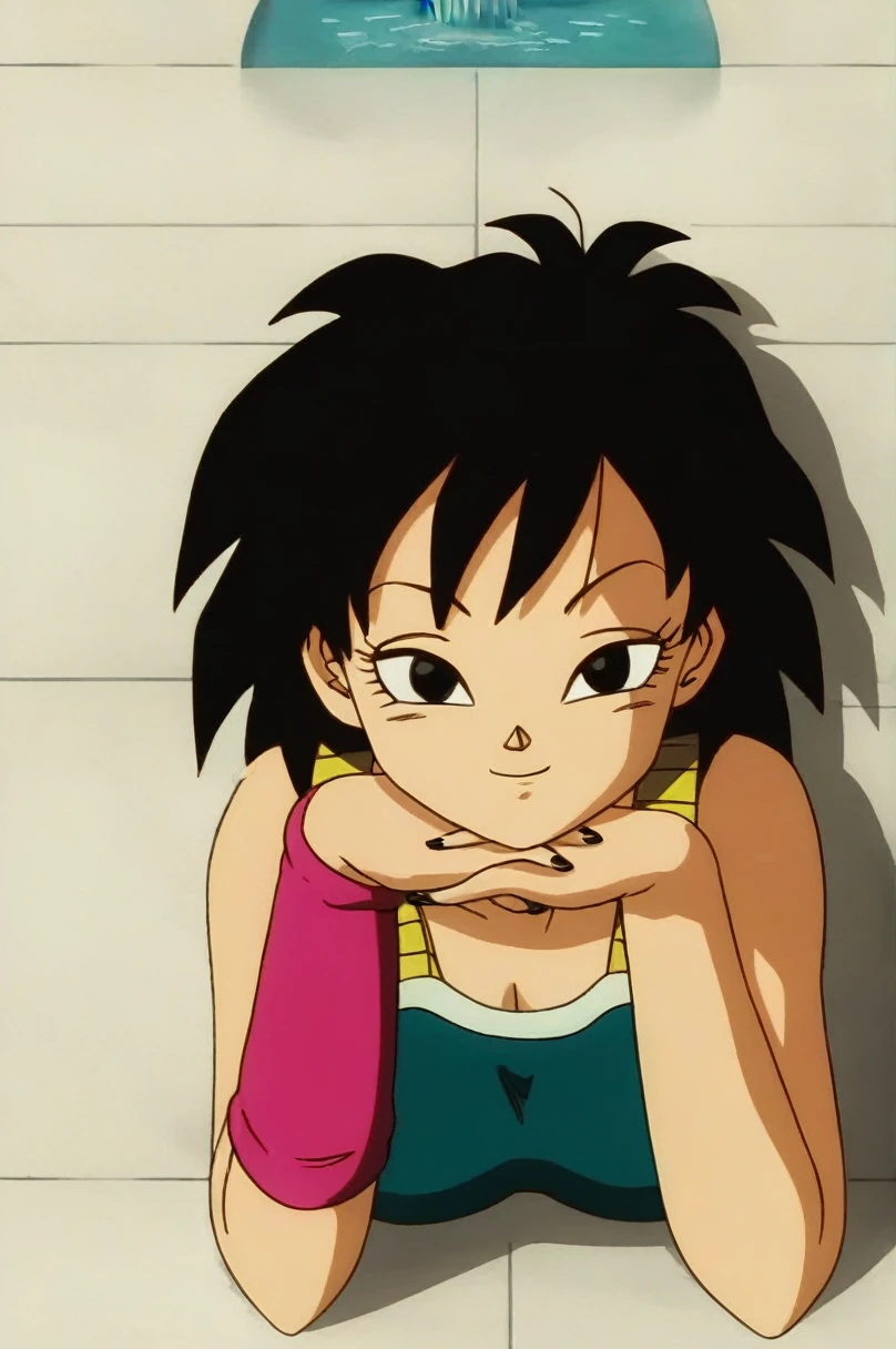 fountain_cheered up, score_9,score_8_above, score_7_above, gineDb, cheered up screencap,
Masterpiece, Best Quality, high quality, 1 girl, Alone, old, looking at the viewer, SMILE, short hair, simple background, black fur, neckline, bare shoulders, medium old, Closed mouth, aboveper body, retro artStyle, 1990s \(Style\), Gray background, black eyes, nails, hands above, bare arms, eyelashes, half closed eyes, happy, own hands together, spiky hair, pink bracelet, intertwined fingers, headrest, elbow rest, saiyajin armadura, green saiyajin armadura, Eyebrows, v-shaped Eyebrows, sexy body, tight bare ass