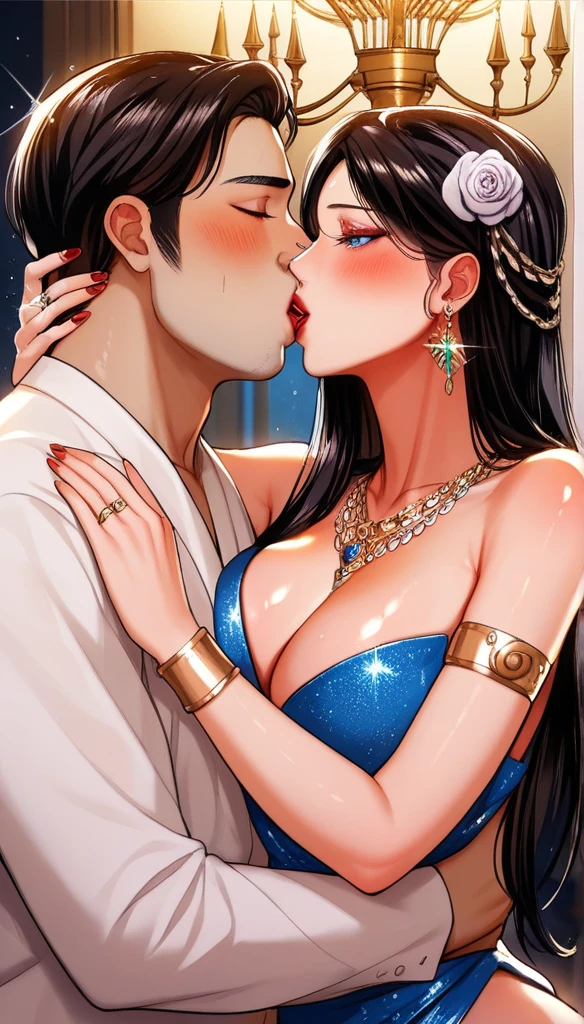 Hot sexy beautiful one indian princess kissing and sex  with ugly fat old man while hugging im carry position in bedroom,   long sparkling chandelier earrings,big breasts, ,black hair ,blush,blue eyes,red lipstick, chandelier jewelry,makeup, ornament, chandelier necklace,waist chain, rings,bangles,hair flower brochure,hair pins,hair chain, royal palaces and grand architecture, Traditional Indian sari, elegant draping style, intricate floral motifs, handwoven silk material, embellished with sequins and beads, sparkling gemstones and gold accents, artistic rendering of Indian culture, traditional jewelry and accessories, indian traditional wedding saree, crown 