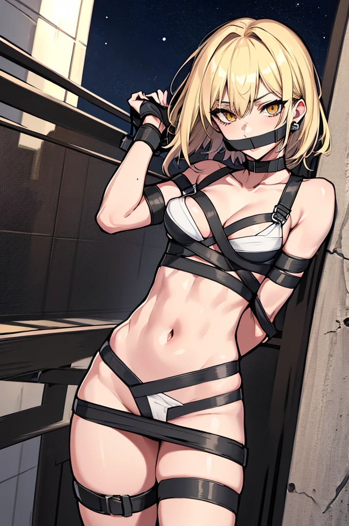 (absurdres, 8k, 4k, masterpiece, hyper extreme detailed:1.2), (masterpiece), best quality, expressive eyes, highres, perfect eyes, 1girl, perfect face, perfect hands, standing, belt, 1girl, blonde hair, eyepatch, perfect anatomy, eyepatch, long hair, platinum blonde hair, muscular, toned body, strong, empty eyes, blank stare, crazy face, crazy eyes, crazy smile, small, golden eyes, deadpan, expressionless, shaded face, messy hair, crazy hair, city background, heroic, half body, cowboy shot, night time, stars, night sky, wind, windy, naked, adult, mature, no clothing, cleavage, midriff, exposed shoulders, crotch, exposed collarbone, nsfw, handcuffs, bondage, bdsm, bound, bdsm, tape gag, tape, tape bondage, restrained, tape wrapped, wrap gag, bondage, taped wrists, taped breasts, taped mouth