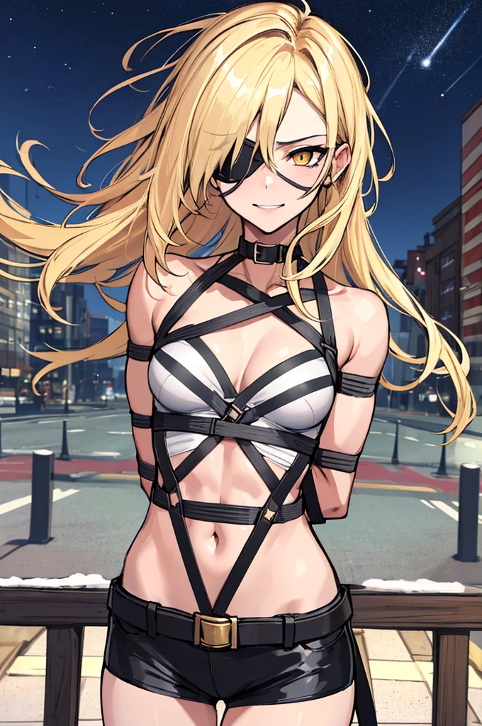 (absurdres, 8k, 4k, masterpiece, hyper extreme detailed:1.2), (masterpiece), best quality, expressive eyes, highres, perfect eyes, 1girl, perfect face, perfect hands, standing, belt, 1girl, blonde hair, eyepatch, perfect anatomy, eyepatch, long hair, platinum blonde hair, muscular, toned body, strong, empty eyes, blank stare, crazy face, crazy eyes, crazy smile, small, golden eyes, deadpan, expressionless, shaded face, messy hair, crazy hair, city background, heroic, half body, cowboy shot, night time, stars, night sky, wind, windy, naked, adult, mature, no clothing, cleavage, midriff, exposed shoulders, crotch, exposed collarbone, nsfw, handcuffs, bondage, bdsm, bound, bdsm, tape gag, tape, tape bondage, restrained, tape wrapped, wrap gag, bondage, taped wrists, taped breasts, taped mouth