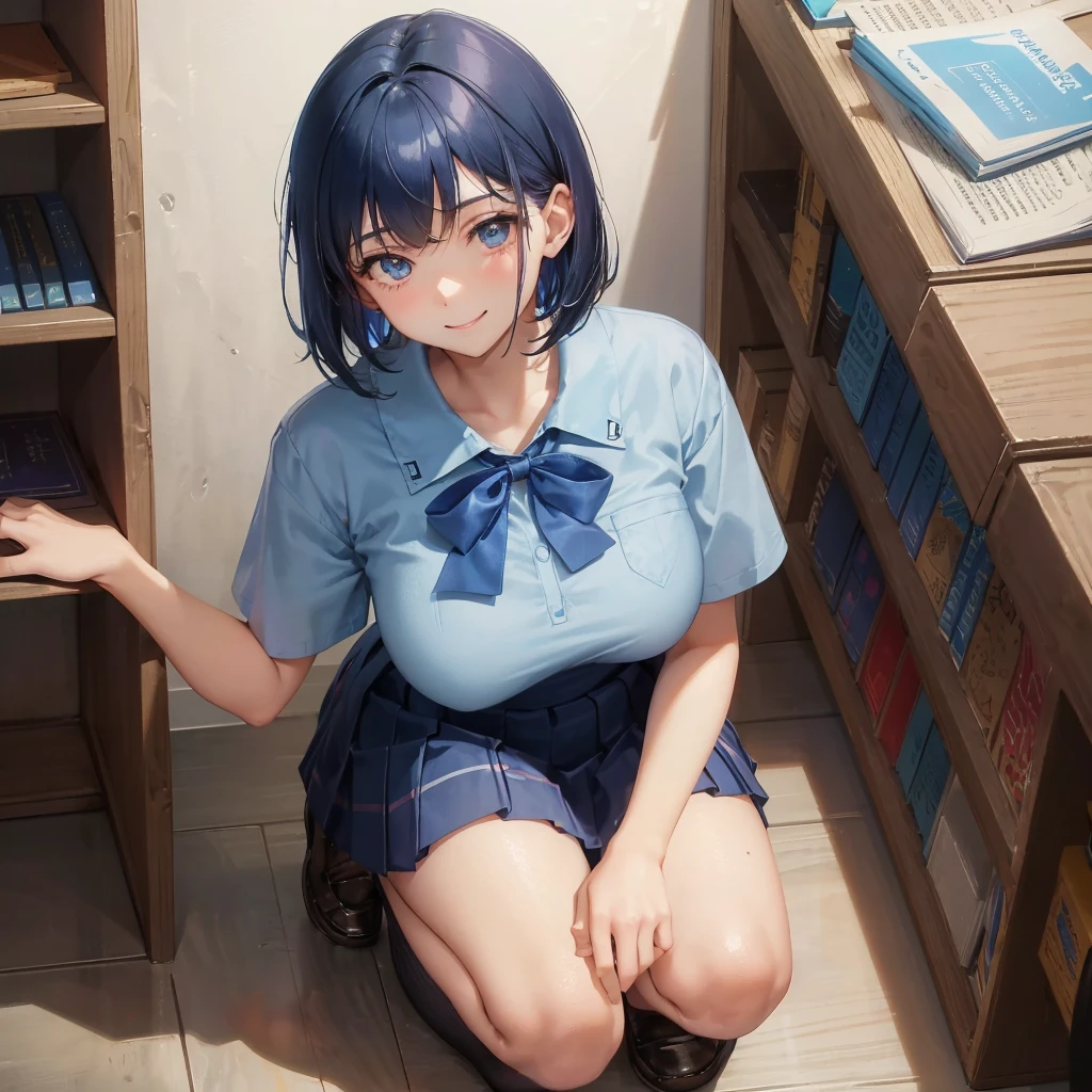 1. High school girl 17-year-old female Bobcut dark blue hair color High School Uniform Light blue Y-shirt Short sleeve Blue Ribbon dark blue hair color Slim figure Large Breasts Full body portrait 学校のlibrary Smiling Kindly Laugh a little library Hand Signs Squat Kneel Look up here