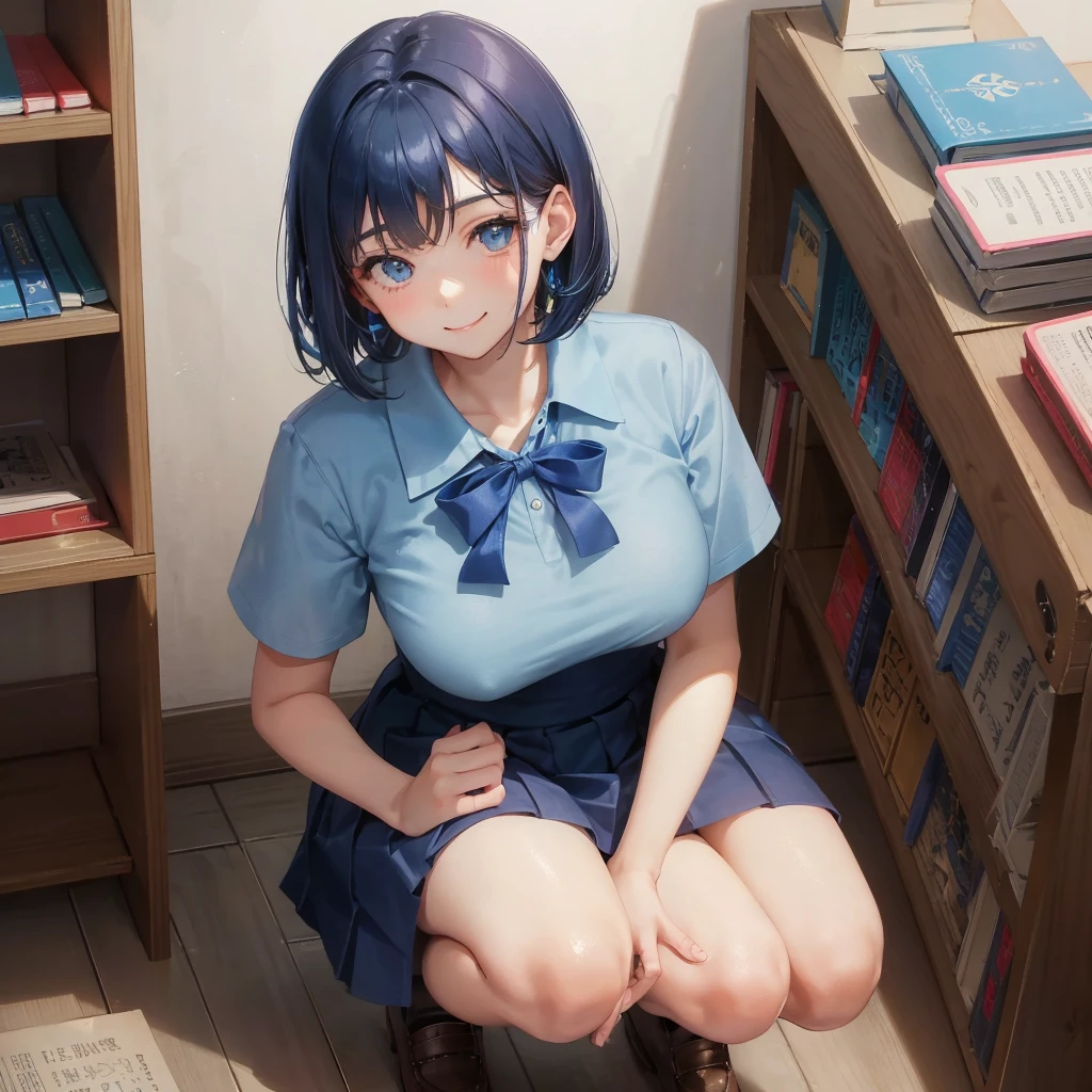 1. High school girl 17-year-old female Bobcut dark blue hair color High School Uniform Light blue Y-shirt Short sleeve Blue Ribbon dark blue hair color Slim figure Large Breasts Full body portrait 学校のlibrary Smiling Kindly Laugh a little library Hand Signs Squat Kneel Look up here