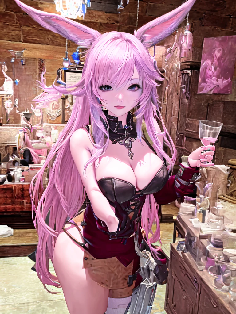 There is a woman with pink hair and bunny ears standing in a room, final fantasy style 14, final fantasy 14 sharp, neferpitou, Final Fantasy XIV, Final Fantasy 1 4 screenshot, She is in the potions workshop, wearing cyber bunny ears, ffxiv, close-up portrait of an artificer, Final Fantasy 1 4, tiflin sexy con un vestido  muy hermoso con mirada seductora