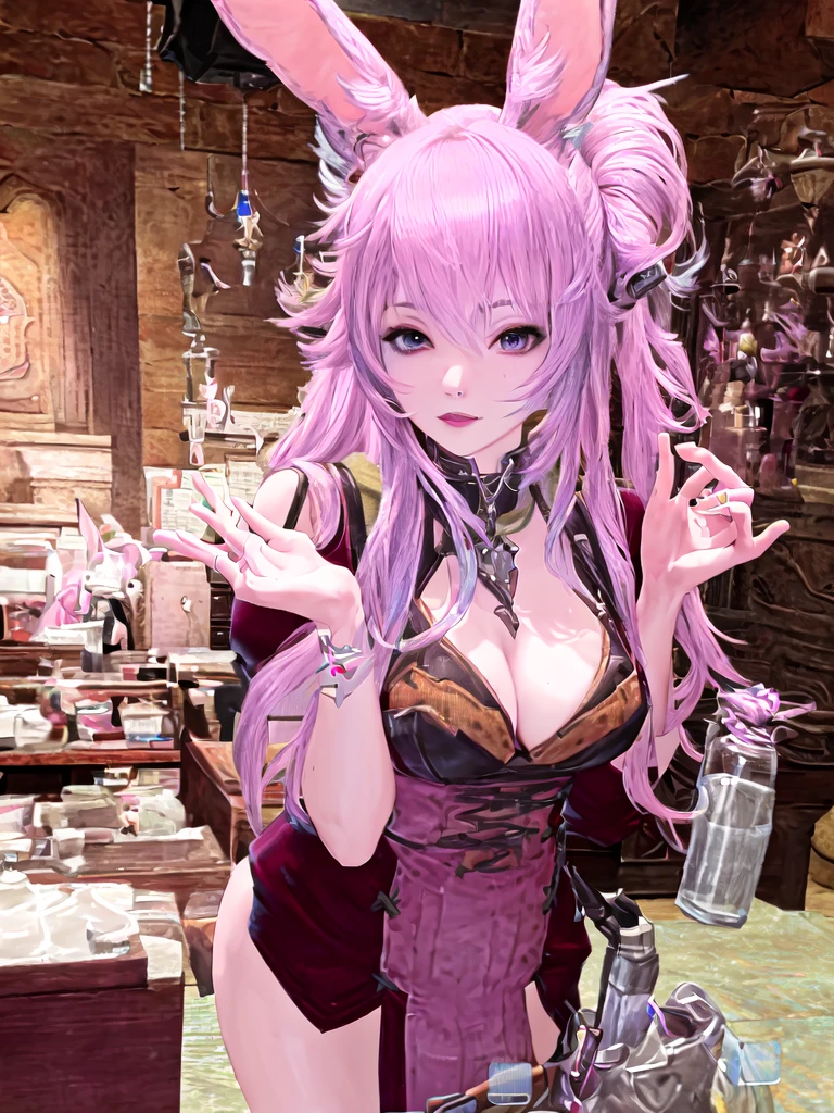 There is a woman with pink hair and bunny ears standing in a room, final fantasy style 14, final fantasy 14 sharp, neferpitou, Final Fantasy XIV, Final Fantasy 1 4 screenshot, She is in the potions workshop, wearing cyber bunny ears, ffxiv, close-up portrait of an artificer, Final Fantasy 1 4, tiflin sexy con un vestido  muy hermoso con mirada seductora