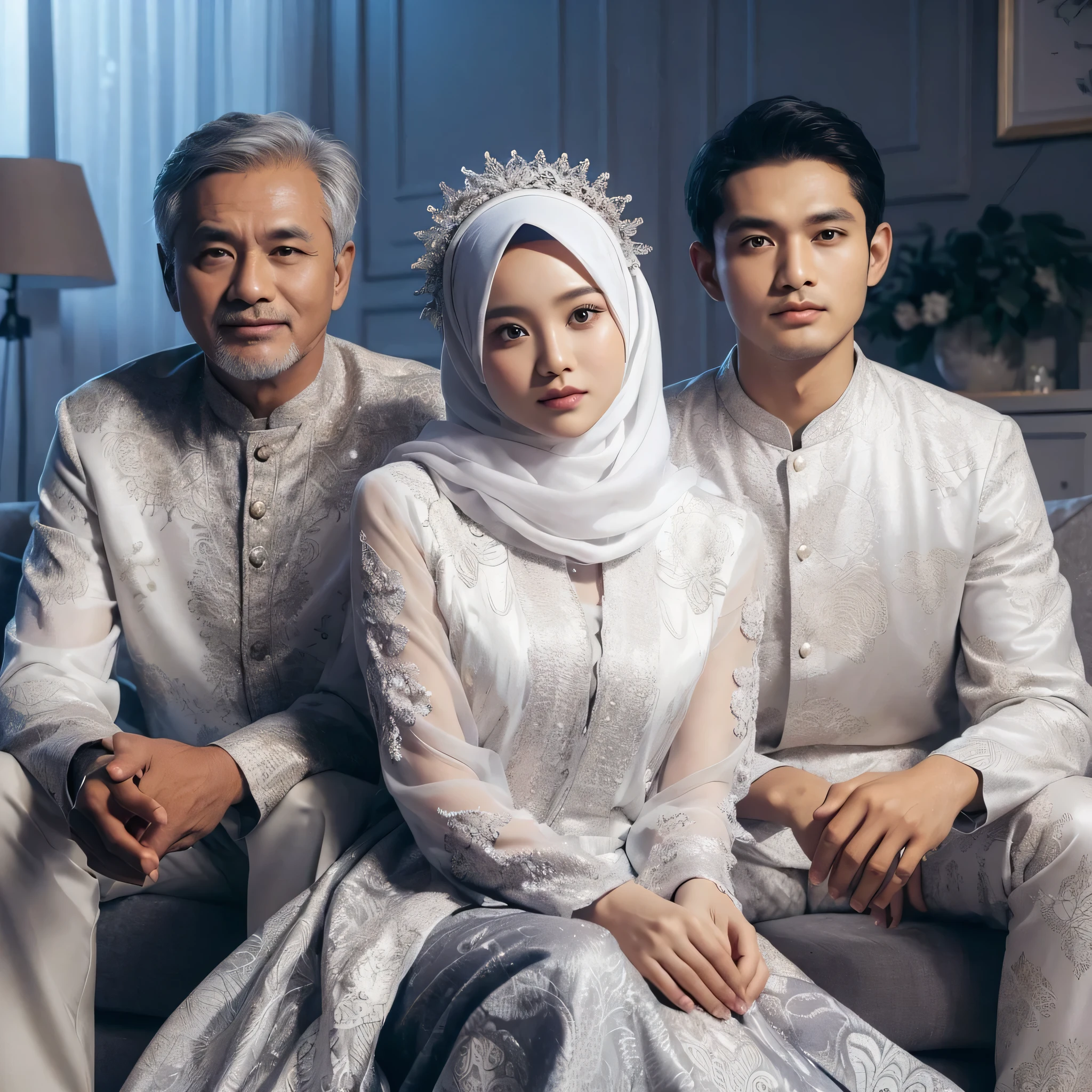 A picture of an Indonesian family, Three members, 50 year old father, A 20 year old girl wearing a hijab, 20 year old man, They wear luxurious white batik clothes with gray color, Sitting on luxury living room chairs, Living room wallpaper wall, studio photo, real , Blue lighting, Ultra HD, 8 kilos