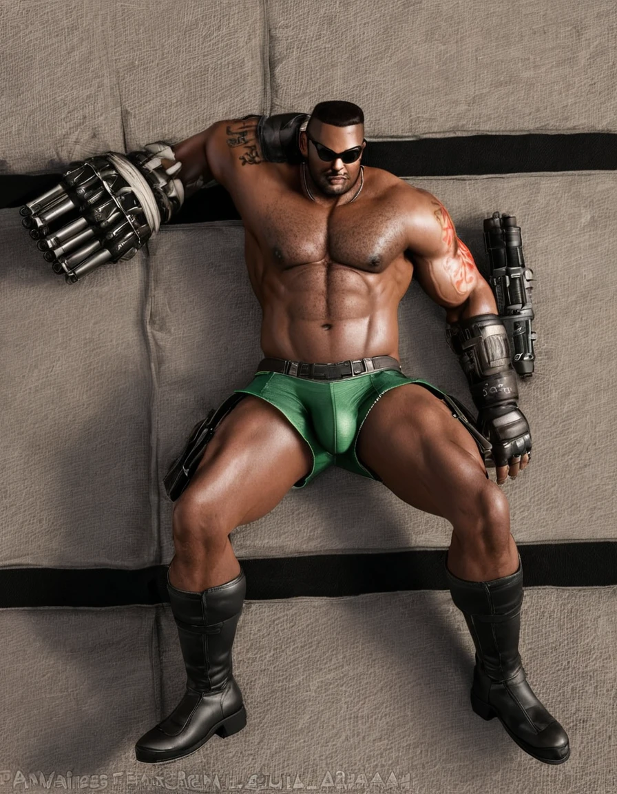 barret, dark skin male with gun arm and tattoo, sunglasses, bulk , shirtless , (Pro Wrestling Trunks) , full body , black boots , bulge , laying spread legs