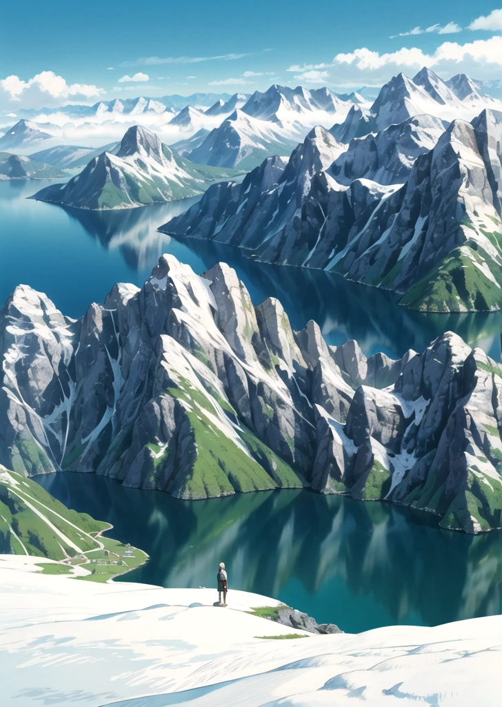 (((Ghibli style))),Humanity, Austrian Alpine meadows. Mountains in the background. Snow-capped peaks. summer. sun. good weather. photography. Mountain Lake