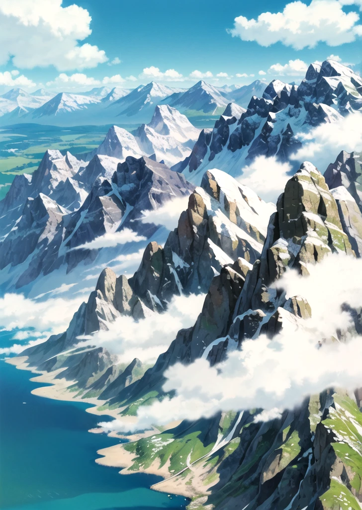 (((Ghibli style))),Humanity, Austrian Alpine meadows. Mountains in the background. Snow-capped peaks. summer. sun. good weather. photography. Mountain Lake