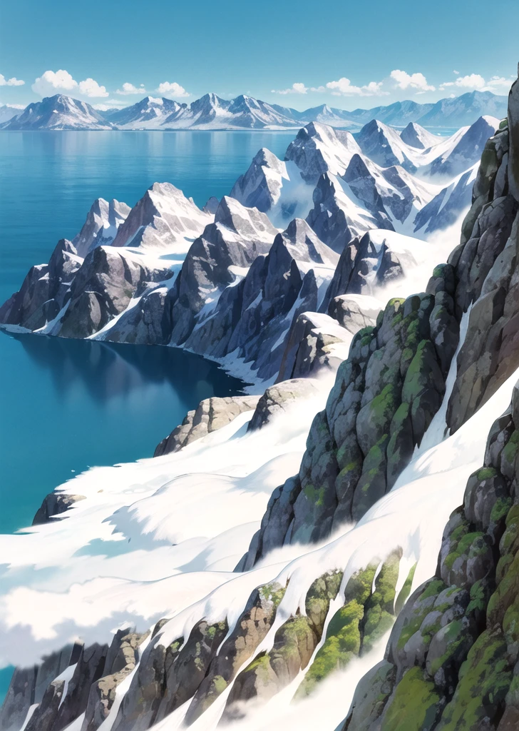 (((Ghibli style))),Humanity, Austrian Alpine meadows. Mountains in the background. Snow-capped peaks. summer. sun. good weather. photography. Mountain Lake