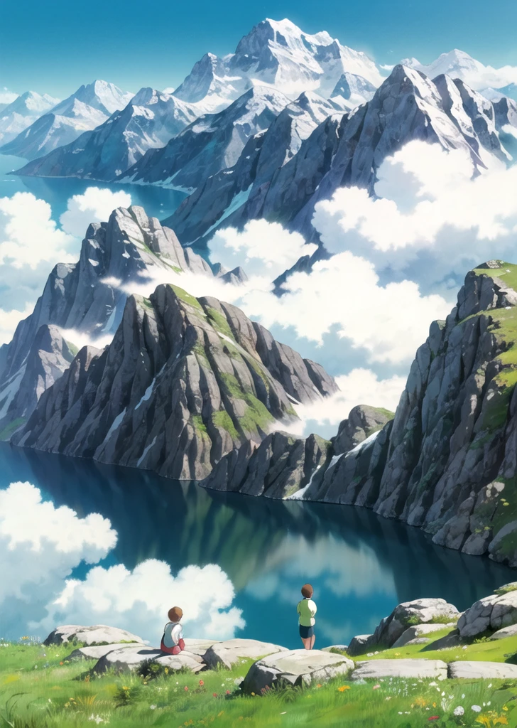 (((Ghibli style))),Humanity, Austrian Alpine meadows. Mountains in the background. Snow-capped peaks. summer. sun. good weather. photography. Mountain Lake