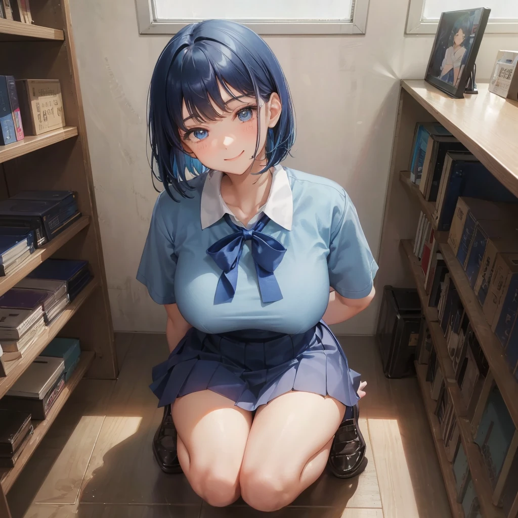 1. High school girl　17-year-old female　Bobcut　dark blue hair color　High School Uniform　Light blue Y-shirt　Short sleeve　Blue Ribbon　dark blue hair color　Slim figure　Large Breasts　Full body portrait　学校のlibrary　Smiling Kindly　Cheerful expression　library　Hand Signs　Squat　Kneel　Look up here　