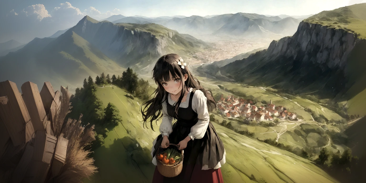 anime, chibe, (((Top quality, 4k, 8k, high resolution, masterpiece: 1.2))), (super detailed), (realistic), (photorealistic), (photorealistic: 1.37), (HDR, UHD), (studio (lighting)), ultra-fine drawing, sharp focus, physically based rendering, highly detailed, professional, vibrant colors, perfect ditaile hand, highly detailed realistic eyes, anime, cartoon, A young girl, medieval European clothing, country clothing, farm work clothing, hair accessory, holding a large bamboo basket in both hands, lots of vegetables in the basket, Medieval European landscape, Medieval European countryside, Medieval European field, looking at viewer, (((Long shot, Panorama, Aerial view, Distant view))),