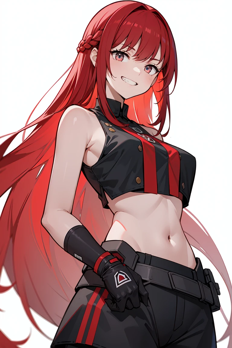 masterpiece, best quality, ultra high quality, high quality illustration, (from below), 1girl, solo, crimson red hair, very long hair, french braid, single sidelock, red eyes, glowing eyes, medium breasts, mature girl, grin, evil smile, (pointy teeth), evil face, mischievous, crop top, sleeveless shirt, (gloves), looking at viewer, ((hands behind back)), (glowing light), white background, simple background 