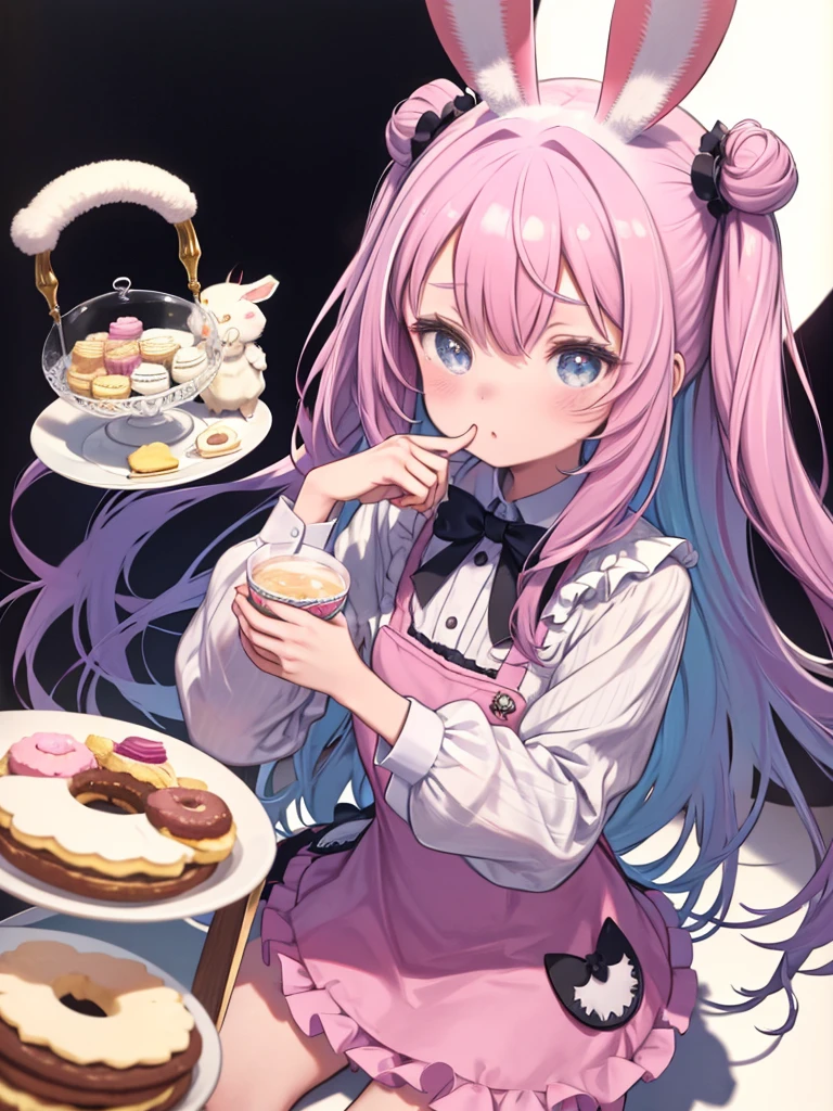 One cute girl、 with rabbit ears, Her hair color is pink , Blue pastel outfit、Tea Party、cake、 Macaroons、donut、cookie、Black tea、fluffy、sweet、Light color