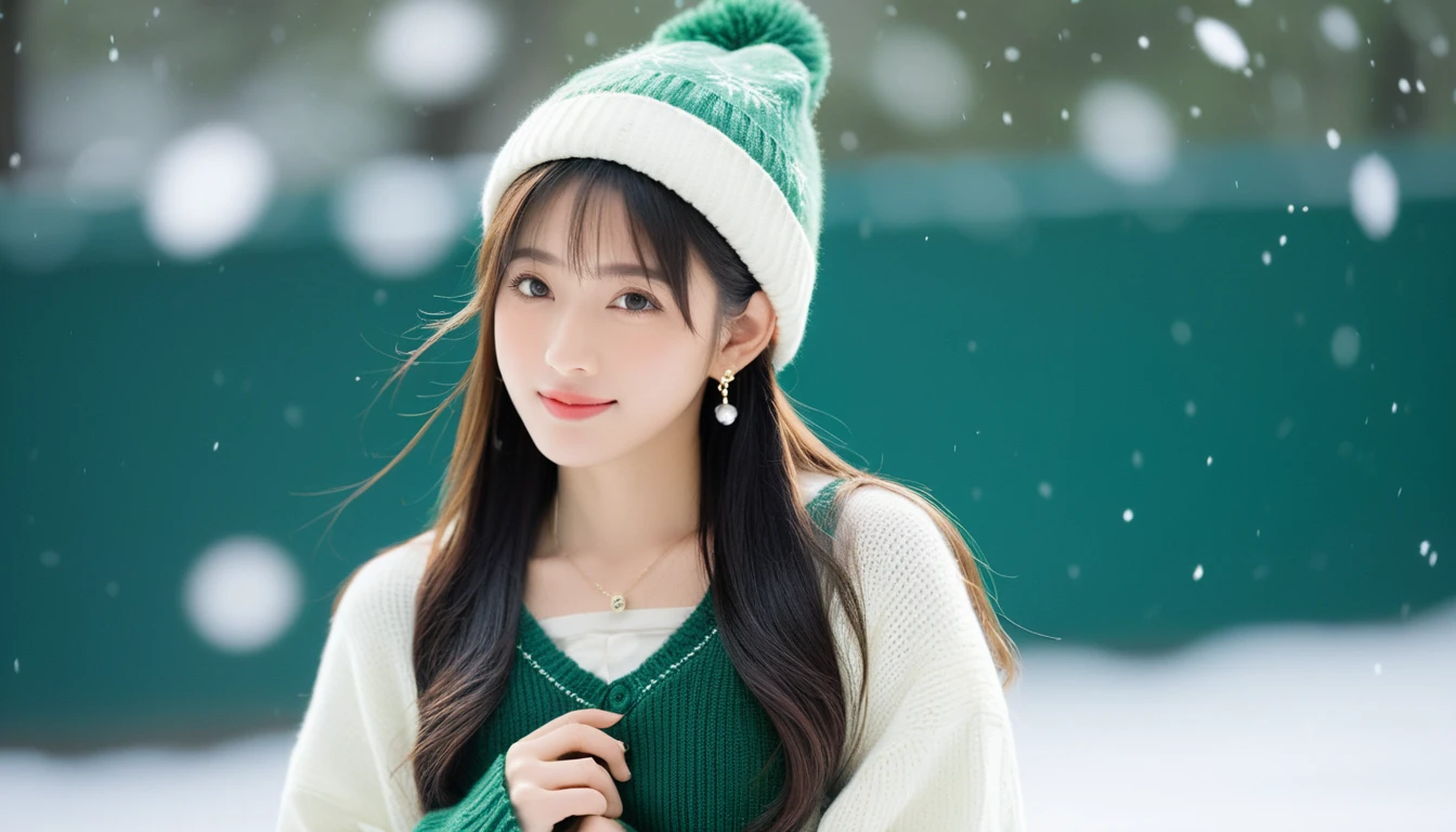 best quality, masterpiece,
Analog photo of Japanese idol girl wearing white sweater and green sweater hat, looking at viewer, long hair, Headshots, hold one's hair with one's hand, enlargement, very beautiful detailed face, medium chest, (Cute face, looks tempting), eye level,
professional photos, high contrast exposure, soft bokeh, high key light, solid shadow, soft bokeh, snowfall, snowfall background, wearing tiny earrings and a very thin necklace