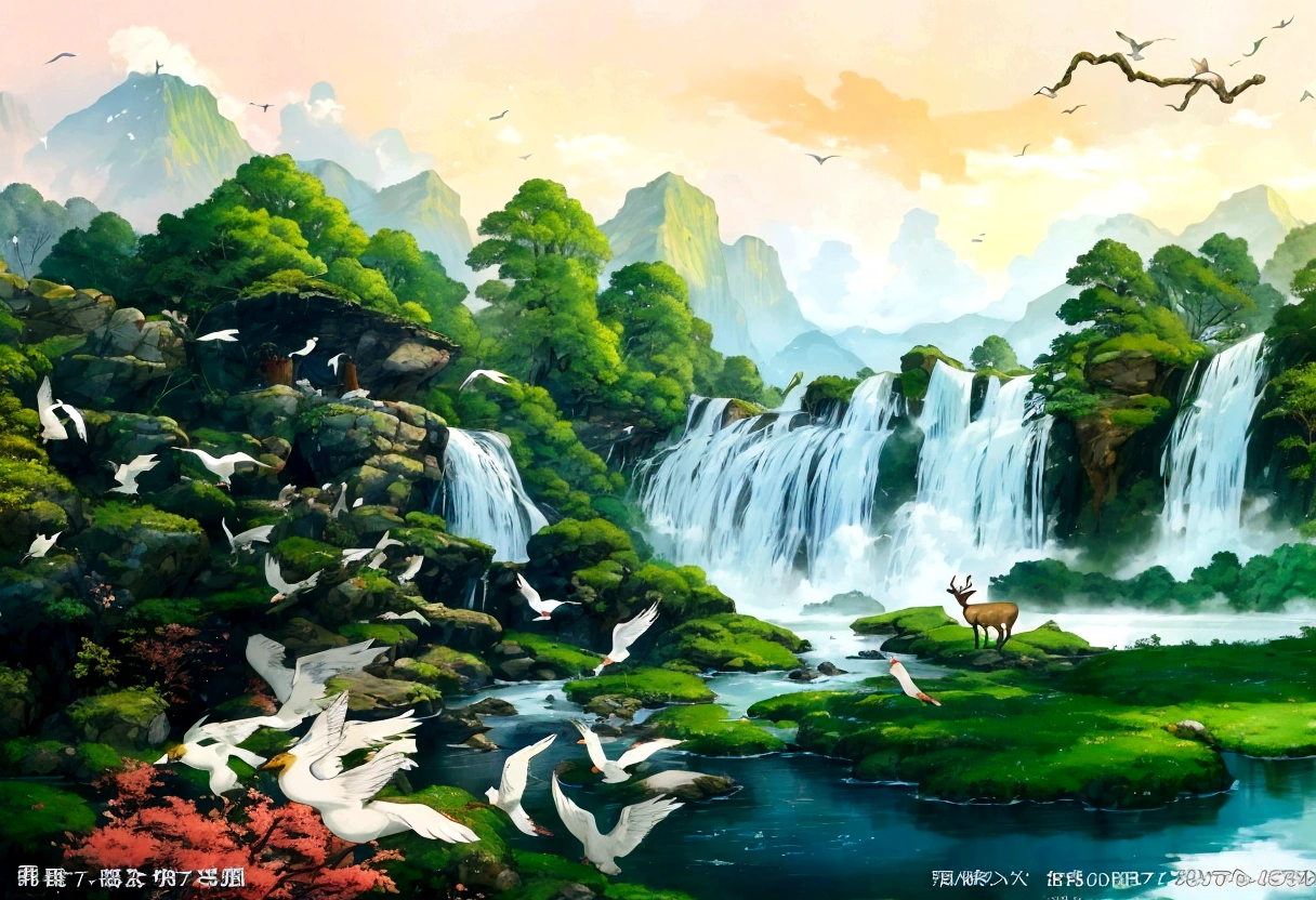 painting of a waterfall with birds and a deer in the foreground, nature painting, scenery artwork, anime nature wallpap, chinese painting style, a beautiful artwork illustration, detailed scenery —width 672, dream scenery art, anime nature, beautiful wallpaper, chinese style painting, scenery art detailed, beautiful digital art, nature wallpaper, very beautiful digital art, really beautiful nature