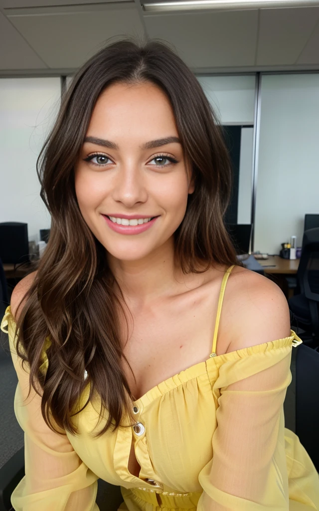 smiling, happy, beautiful brunette, standing at an office desk, smiling wearing a pretty yellow dress with flowers on, large office with computers, very detailed, 40 years, innocent face, long hair, natural wavy, blue eyes, high resolution, masterpiece, best quality, intricate details, highly detailed, sharp focus, detailed skin, realistic skin texture, texture, detailed eyes, professional, 4k, charming smile, shot on Canon, 85mm, shallow depth of field, kodak vision color, perfect fit body, extremely detailed, foto_\(ultra\), photorealistic, realistic, post-processing, maximum detail, roughness, real life, ultra realistic, photorealism, photography, 8k uhd, photography, busty