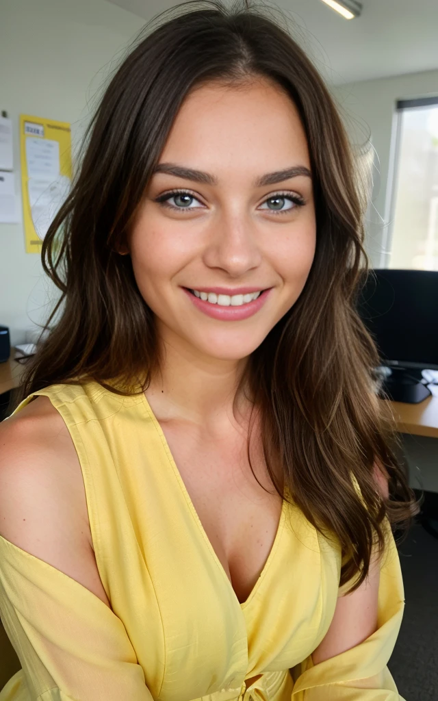 smiling, happy, beautiful brunette, sitting at an office desk, smiling wearing a pretty yellow dress with flowers on, large office with computers, very detailed, 40 years, innocent face, long hair, natural wavy, blue eyes, high resolution, masterpiece, best quality, intricate details, highly detailed, sharp focus, detailed skin, realistic skin texture, texture, detailed eyes, professional, 4k, charming smile, shot on Canon, 85mm, shallow depth of field, kodak vision color, perfect fit body, extremely detailed, foto_\(ultra\), photorealistic, realistic, post-processing, maximum detail, roughness, real life, ultra realistic, photorealism, photography, 8k uhd, photography, busty