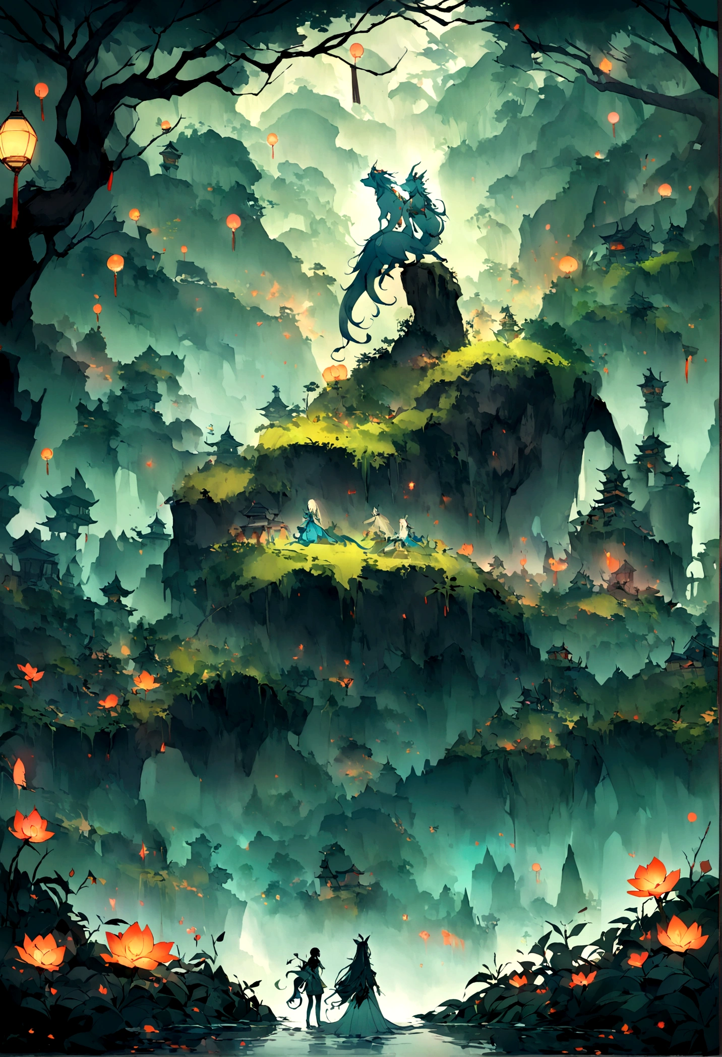 ((Strange Beast))。Lots of glowing plants,Mysterious forest,Bird,Fog was raging,Cave,Star bright,Mysterious and dreamy,Chinese style,Immortal World,Xianxia World,((nobody))