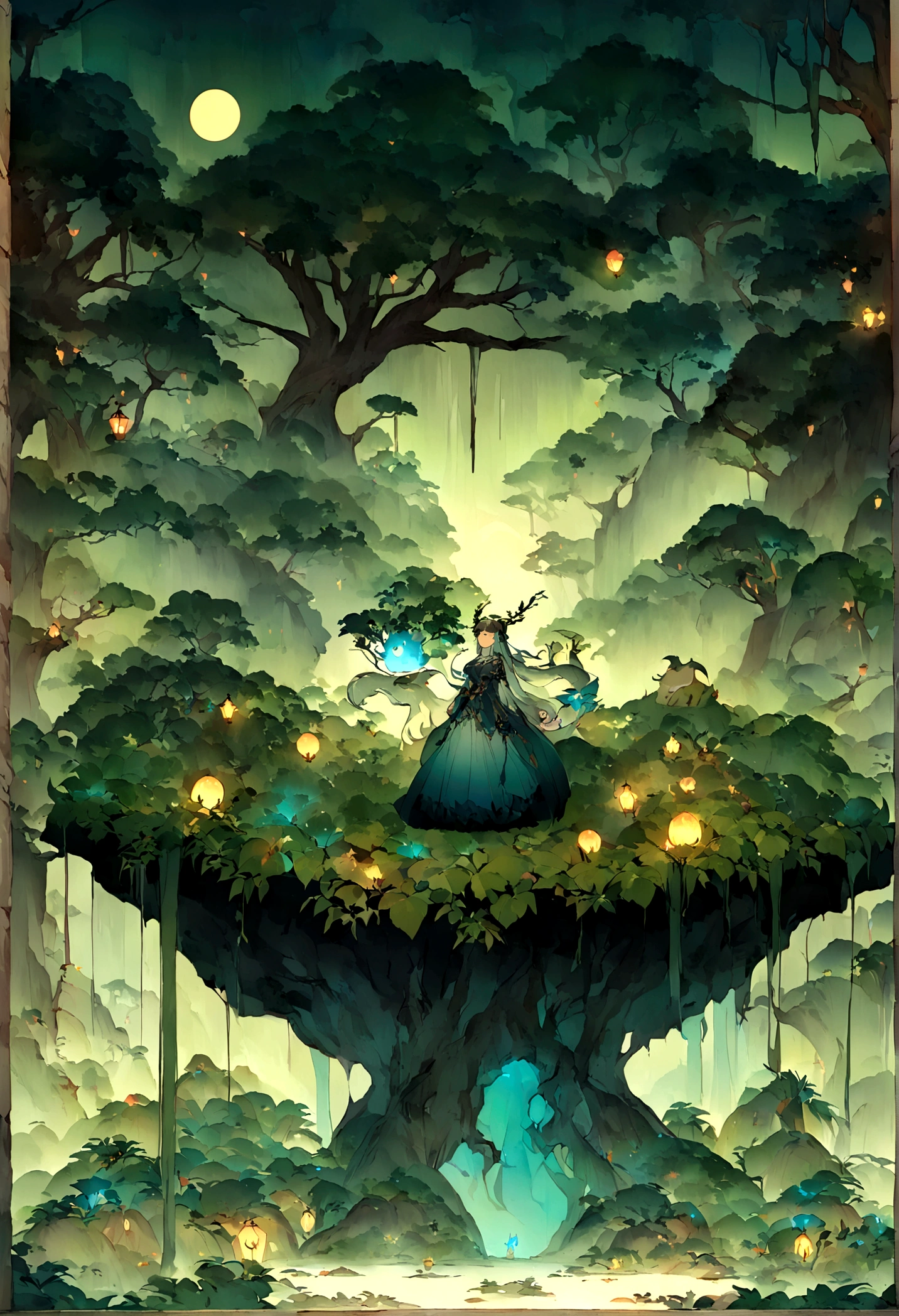 ((Strange Beast))。Lots of glowing plants，Mysterious forest，Bird，Fog was raging，Cave，Star bright，Mysterious and dreamy，Chinese style，Immortal World，Xianxia World，((nobody))