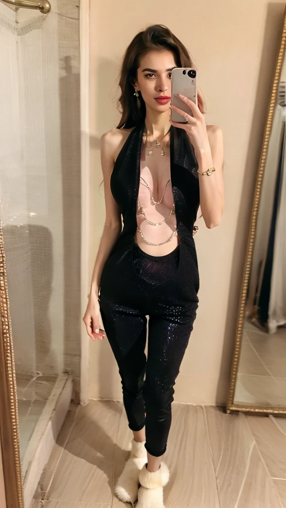 a girl,sexy lace tank-top,mini earrings,mini necklace,net pant, bracelet mini, slippers,front mirror, selfie, bathroom