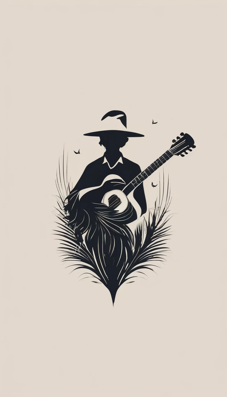 A minimal, modern, simple, cinematic logotype for the brand “Penamemoria". The logotype must be a simple, magical feather and a boy playing acoustic guitar. The logo must convey a sense of music, stories and dreams. Logo design impressed on a book cover. Minimalistic logo