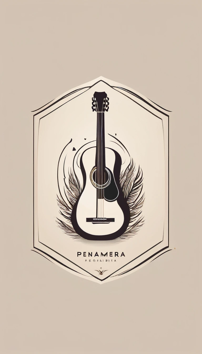 A minimal, modern, simple, cinematic logotype for the brand “Penamemoria". The logotype must be a simple, magical feather and a boy playing acoustic guitar. The logo must convey a sense of music, stories and dreams. Logo design impressed on a book cover. Minimalistic logo