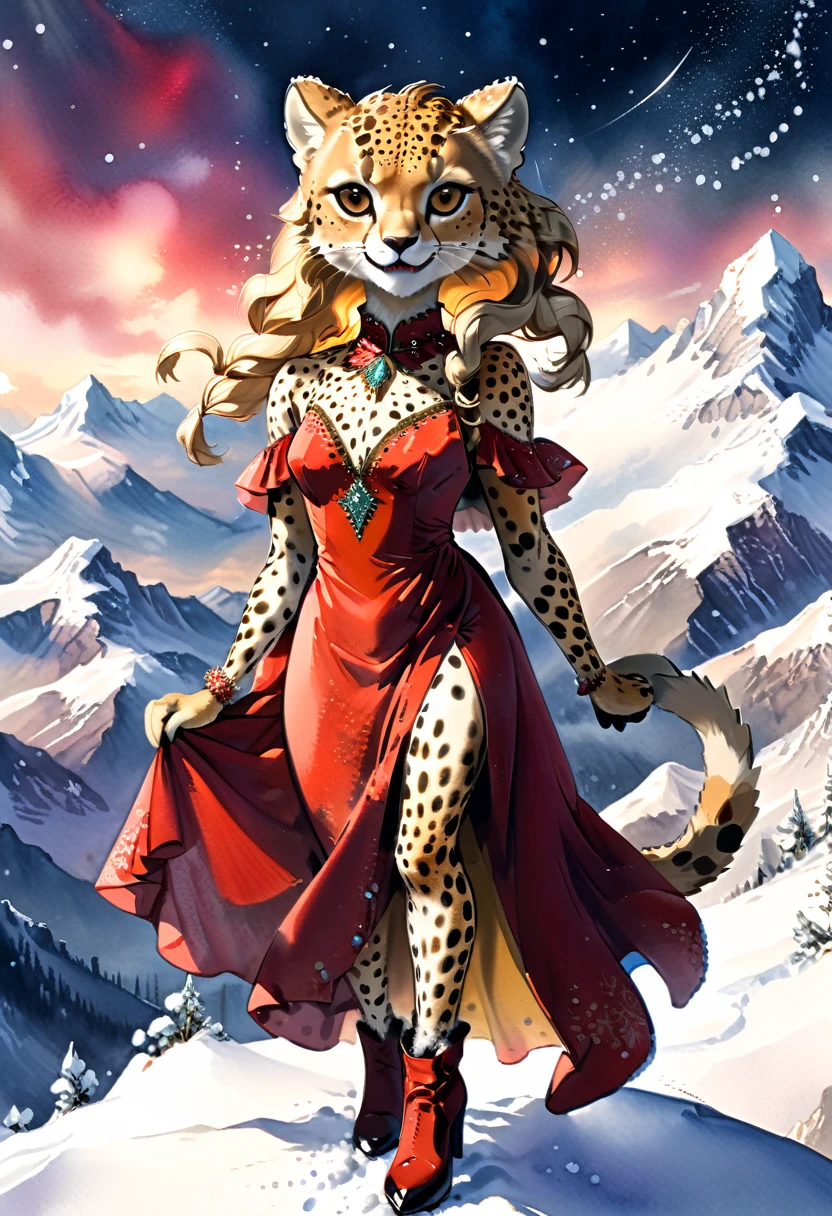 a watercolor picture of a female cheetah anthomorph wearing a red evening dress, elegant, intricate detailed dress, silk dress, she wears elegant high heeled boots, exquisite high heeled boots, female cheetah anthomorph, (wild beauty: 1.3) , (ultra feminine: 1.2), ultra detailed face, fangs revealing smile, she stands on the the top of a snowy mountain, elegant cocktail party on the top of a snowy mountain background, night time, some stars the moon is rising, best details, best quality, highres, ultra wide angle, 16k, [ultra detailed], masterpiece, best quality, (extremely detailed), full body, ultra wide shot, photorealistic, ladyshadow