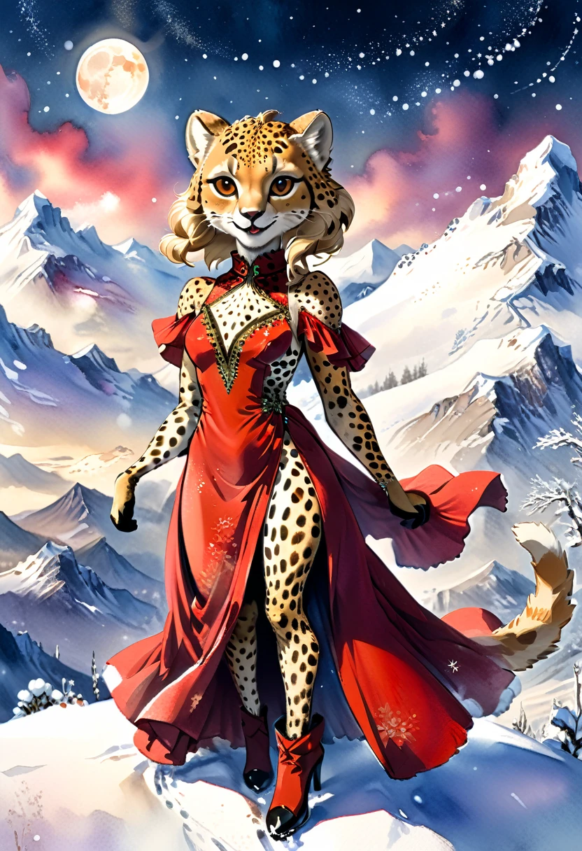 a watercolor picture of a female cheetah anthomorph wearing a red evening dress, elegant, intricate detailed dress, silk dress, she wears elegant high heeled boots, exquisite high heeled boots, female cheetah anthomorph, (wild beauty: 1.3) , (ultra feminine: 1.2), ultra detailed face, fangs revealing smile, she stands on the the top of a snowy mountain, elegant cocktail party on the top of a snowy mountain background, night time, some stars the moon is rising, best details, best quality, highres, ultra wide angle, 16k, [ultra detailed], masterpiece, best quality, (extremely detailed), full body, ultra wide shot, photorealistic, ladyshadow