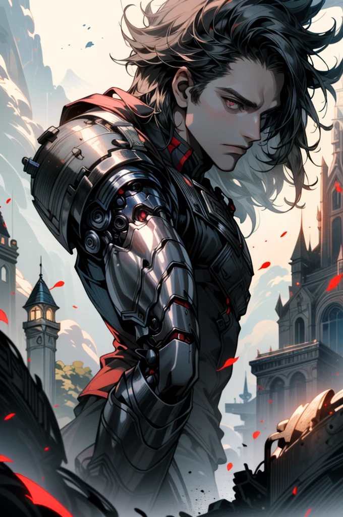 ((ultra detailed, masterpiece, absurdreBBarnes, 1boy, single mechanical arm, Black hair, Silver eyes, fantasy world, half body, Three red cores fixed on both forearms