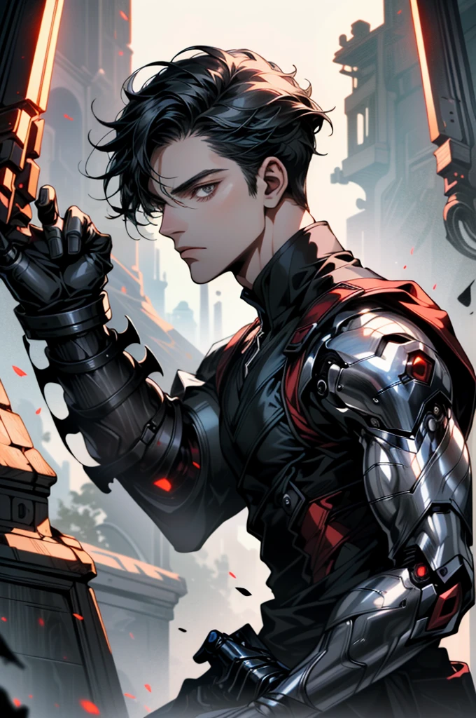 ((ultra detailed, masterpiece, absurdreBBarnes, 1boy, single mechanical arm, Black hair, Silver eyes, fantasy world, half body, Three red cores fixed on both forearms