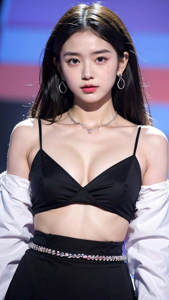 (Extra detailed body、The face is rich in detail、Best quality:1.2)、20-year-old sweet girl、Looking at the audience、（Quirky stylish、Large shoulder-length piercing、A necklace、Contrast purple, White and black clothes、Asymmetry)，Huge breasts