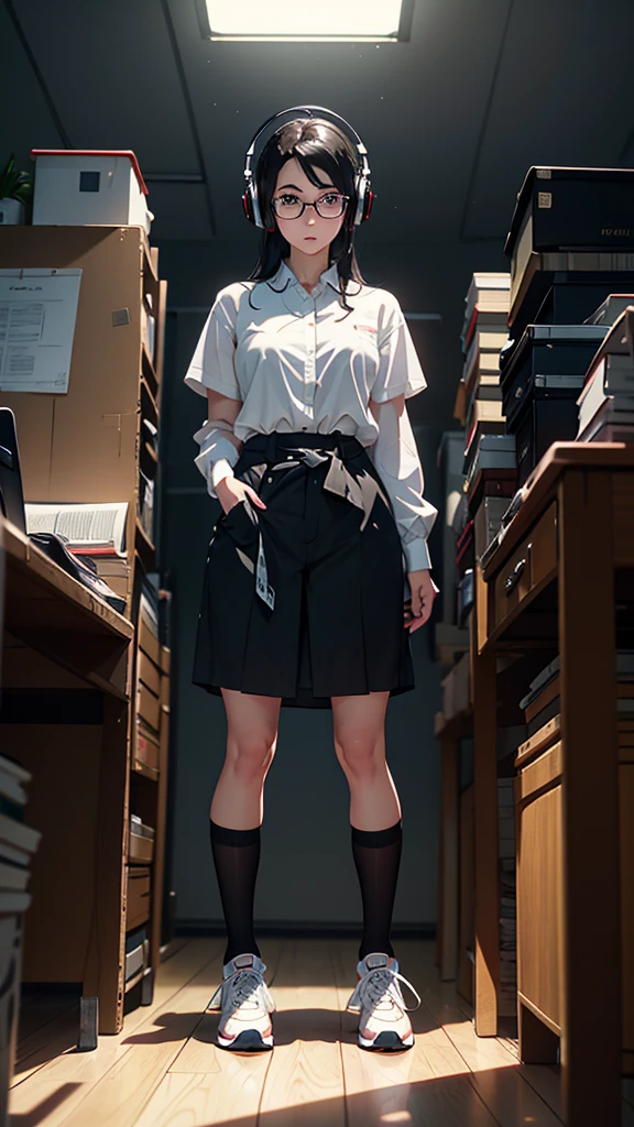 whole body, entire body, full body, total body, upright stance, erect posture, athletic shoes, waist, 20-years-old beautiful office working female, (black rim glasses), (white headphones), black hair, date clothes, Correct midsummer outfits, intellectual atmosphere, knowledge, scholarship, enthusiasm, front of whole body, immersion, concentration, sense of accomplishment, cinematic lighting, masterpiece, top quality, 4K, academic atmosphere, (masterpiece), (best quality), ultra-high res, sharp focus, high definition eyes, anime style 4k